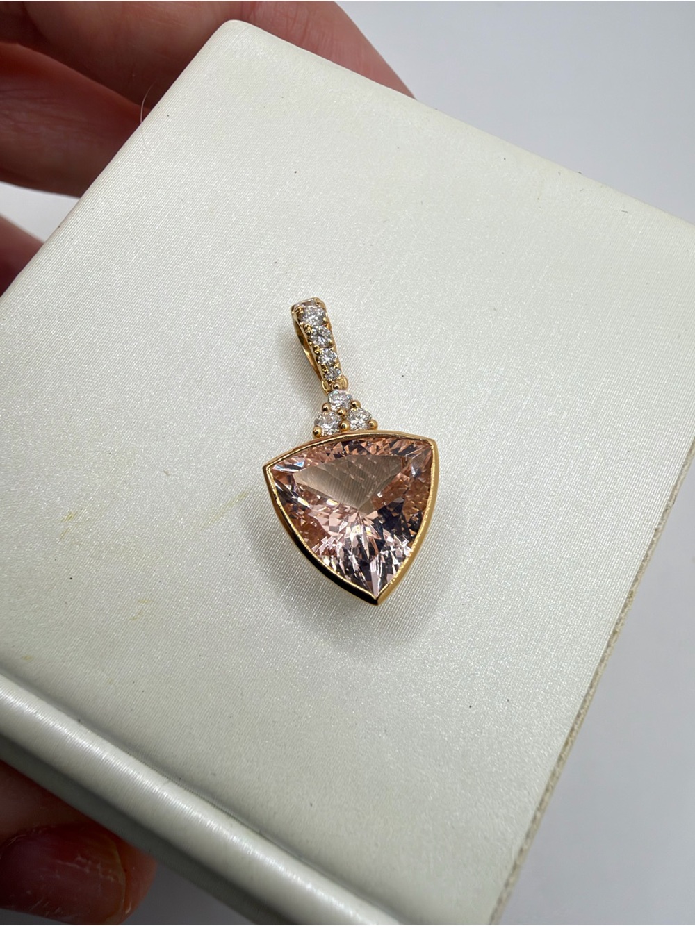 NWT 14kt 10mm Trillion Cut Morganite pendant w/ .18cts natural diamond pendant!